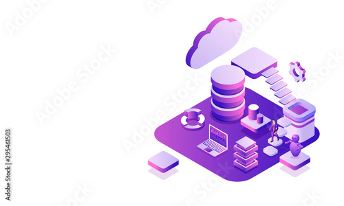Data center platform, isometric database cloud server and laptop with other business equipments on white background for data and technology concept.