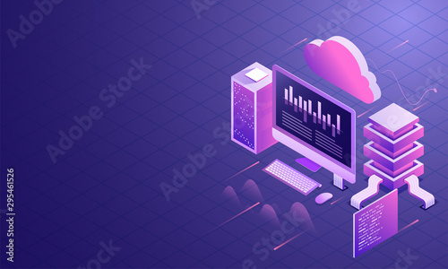 Data center concept, 3d illustration of cloud server connected to local servers and desktop on shiny blue grid background.