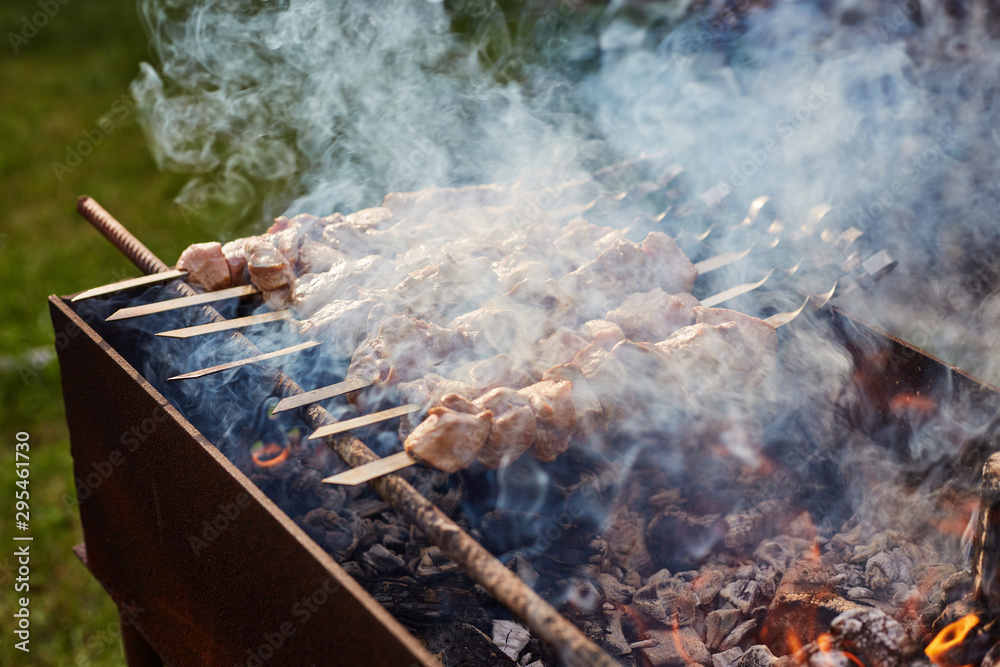meat on skewers is roasted on a fire meat on skewers is roasted on a fire
