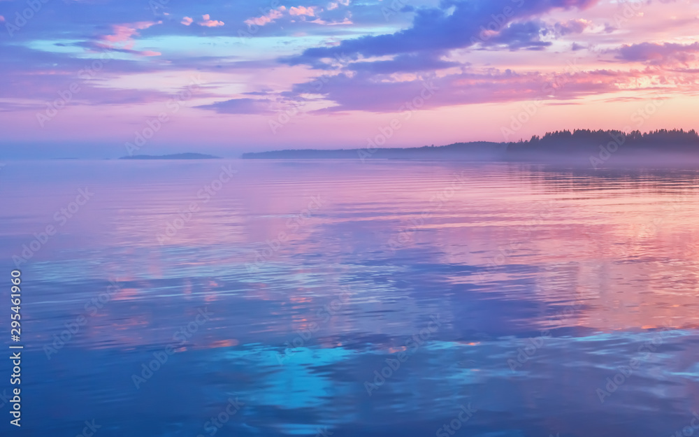 Misty Lilac Sunset Seascape With Sky Reflection - obrazy, fototapety, plakaty 