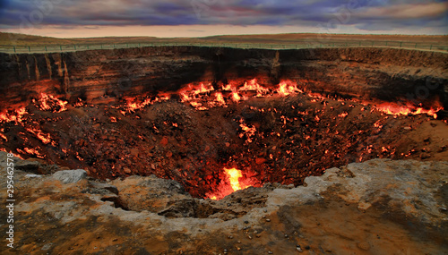 The Karakum Desert. Turkmenistan. Darvaza. Burning gas crater called 