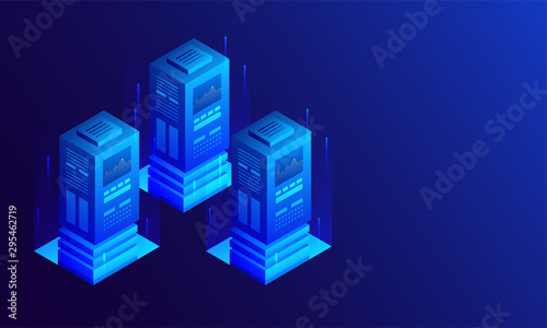 3D illustration of three big data server with digital rays on glossy blue background, isometric design for data center.