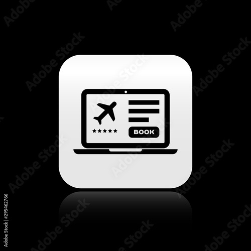 Black Laptop with electronic boarding pass airline ticket icon isolated on black background. Passenger plane mobile ticket for web and app. Silver square button. Vector Illustration