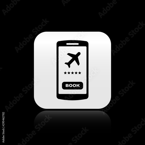 Black Smartphone with electronic boarding pass airline ticket icon isolated on black background. Passenger plane mobile ticket for web and app. Silver square button. Vector Illustration