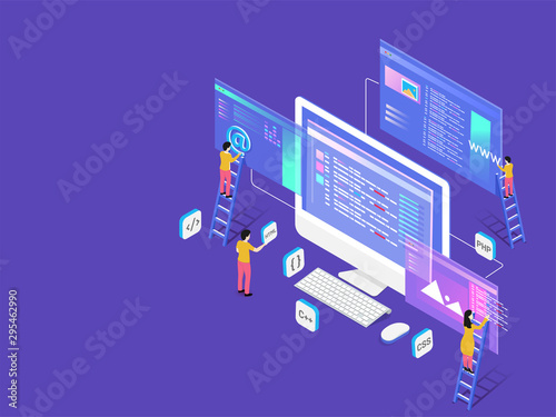 Miniature web developers maintaining the website isometric design for teamwork or Web Developing concept.