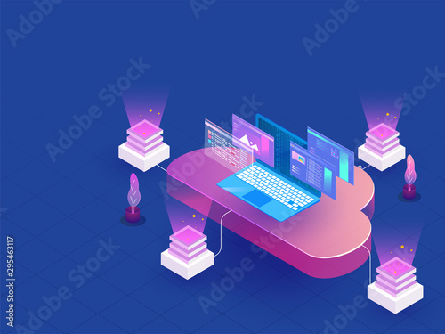 Multiple cloud data server connected to laptop on blue background, isometric design for Data Management concept.