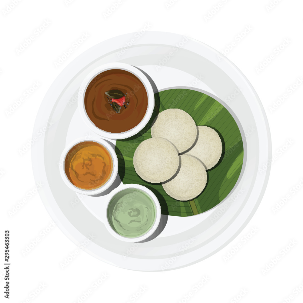 Top view of Kerala dish Idli with Sambhar and chutney on plate. Top view of Kerala dish Idli with Sambhar and chutney on plate.