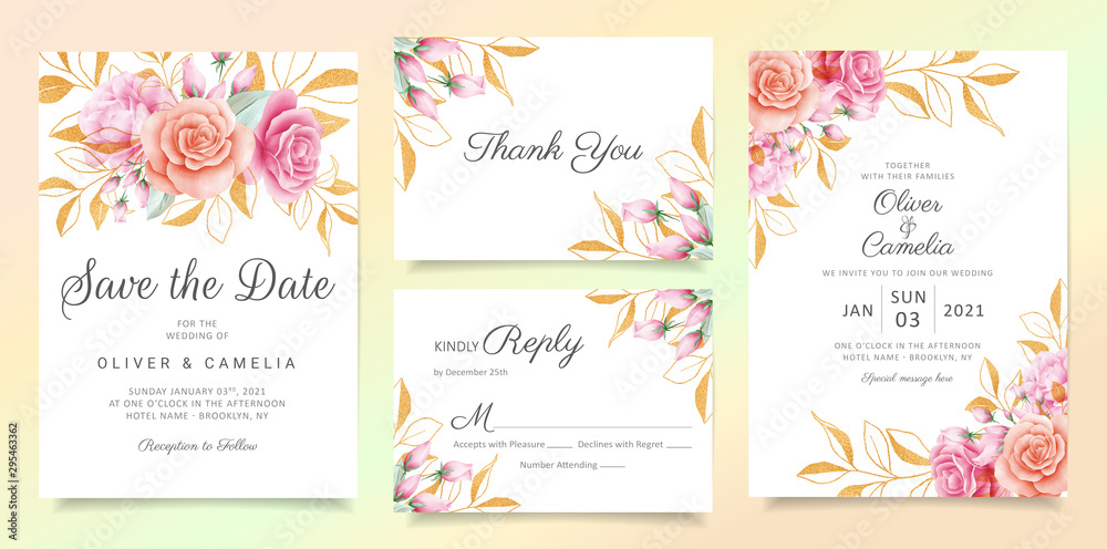 Flowers with glitter leaves wedding invitation card template set. Elegant floral illustration for greeting, save the date, rsvp, thank you card decoration vector