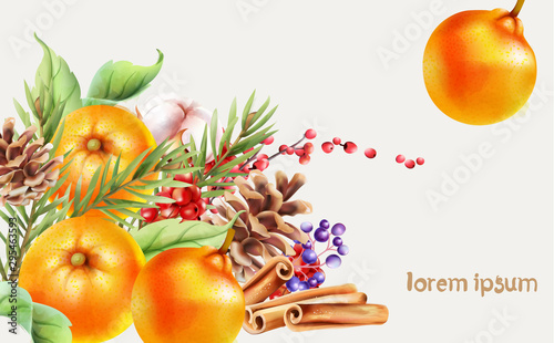 Christmas greeting card with red berries, conifer cone, orange, flowers and f...