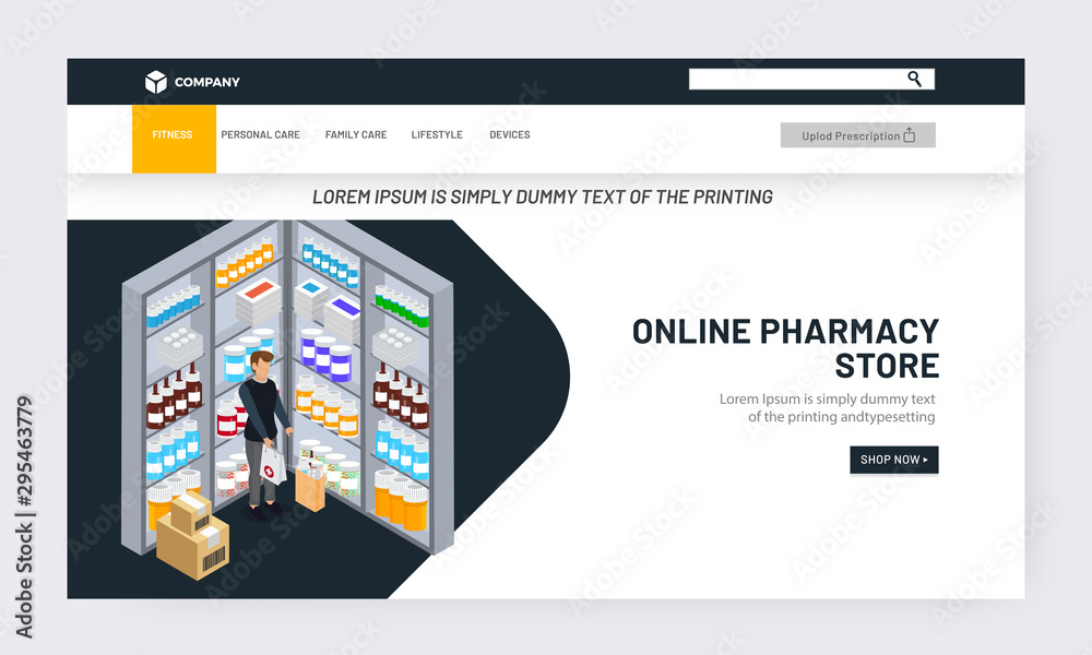Online Pharmacy store service landing page design concept with illustration of man working in medical store.