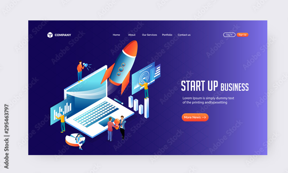 Creative banner or flyer design with illustration business people launching rocket on purple background for Startup Business concept.