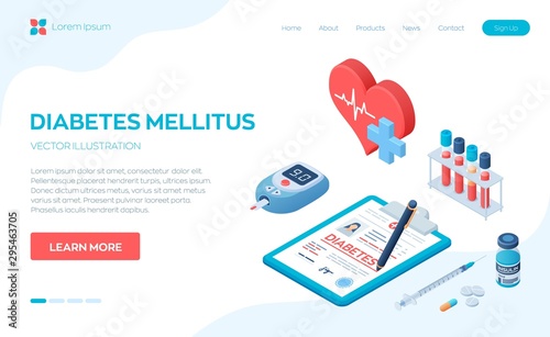 Medical diagnosis - Diabetes. Diabetes mellitus type 2 and insulin production concept. Blood glucose meter, pills, syringe and insulin vial. Vector illustration.