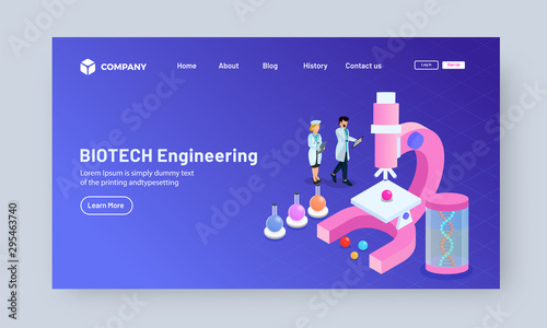 Scientist working in laboratory from microscope and DNA on purple background for Biotech Engineering landing page design.