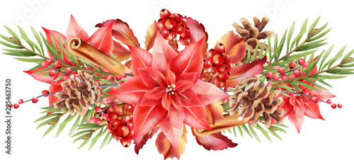 Christmas greeting card background with red flowers, berries, cinnamon, fir l...