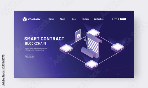 Isometric online contract from app concept. secure money transfer on blockchain concept.