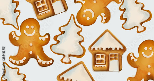Christmas Gingerbread cookies with snowman, house and fir tree figures. Watercolor style