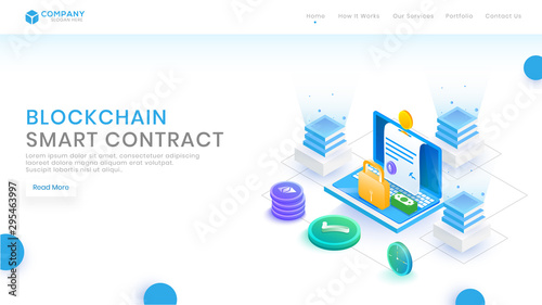 Blockchain smart contract website page design with online cryptocurrency application from laptop and data security management concept.