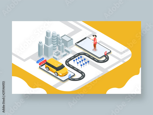Online Cab Booking landing page or web template with isometric illustration of cab booking app in smartphone with pick up and drop facility.