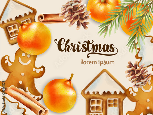 Christmas greeting card with gingerbread cookies, oranges, fir tree leaves, c...