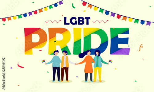 LGBT Pride concept with Gay and Lesbian couple holding freedom flags.