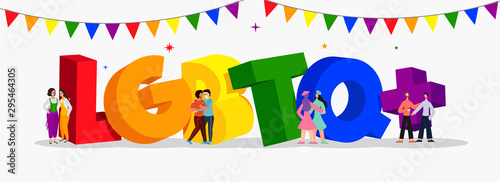 3D colorful text of LGBTQ+  with gay and lesbian couples on white background for Happy Pride Day celebration. Header or banner design.