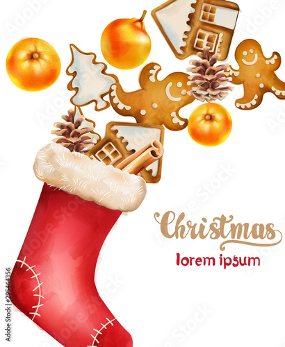 Christmas stocking full of holiday ornaments. Orange, pine cone, gingerbread cookies. Greeting card Vector