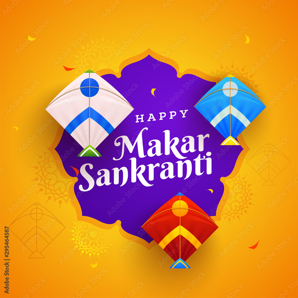 Orange floral background decorated with colorful kites for Happy Makar Sankranti festival celebration.