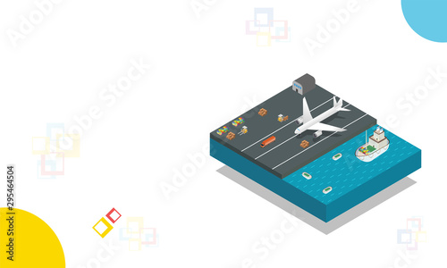 Three different types transportation ways, air tracking, seaway shipping and road transport. Isometric design for web template.