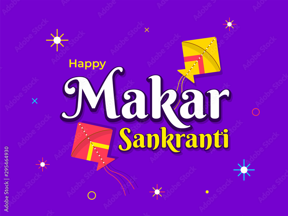 Purple greeting card or poster design decorated with kites for Happy Makar Sankranti celebration.