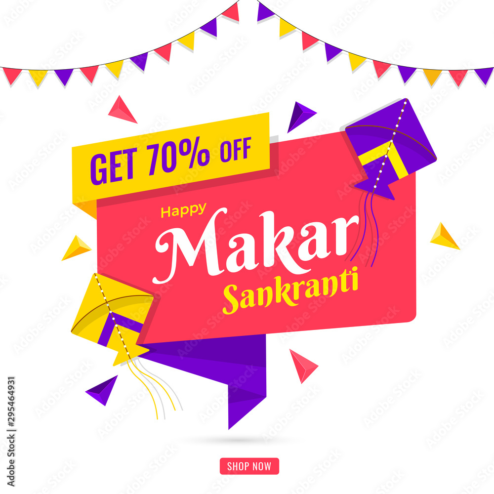 Happy Makar Sankranti sale poster design with 70% discount offer, decorated  with kites and bunting flags on white background. Stock Vector | Adobe Stock