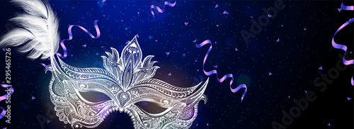 Doodle party mask illustration on shiny blue background for Carnival party concept header or banner design.