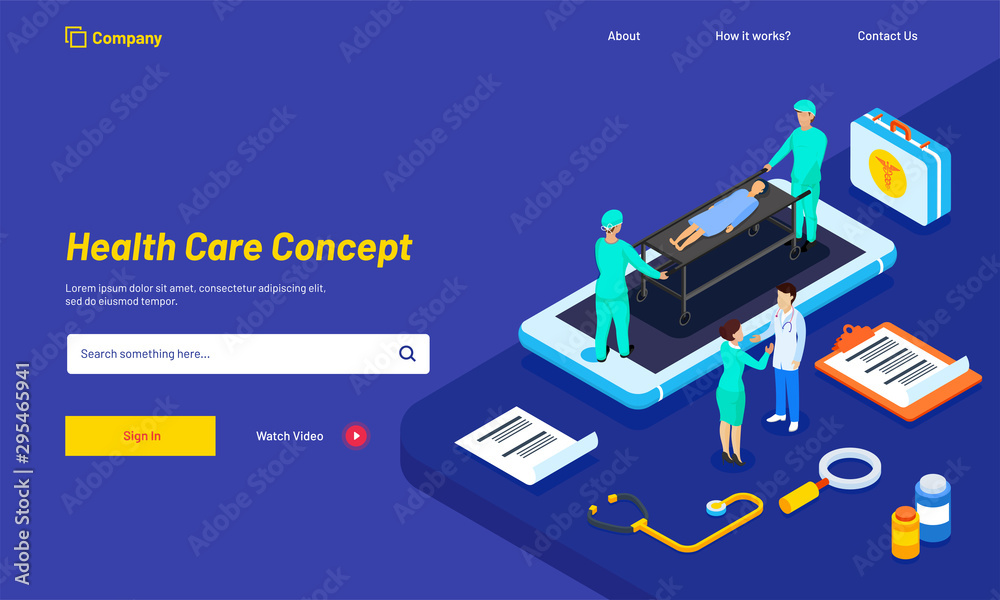 Health care concept based isometric design, ward boy handling casualty patient on smartphone screen and medical equipment.