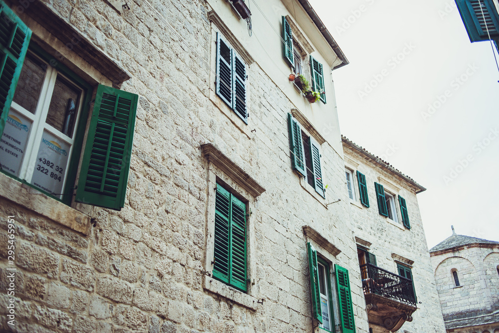 Adriatic architecture. Elements of buildings. An old medieval city on the coast. Tivat