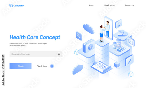 Isometric concept, lady consulted to doctor through mobile application, medical equipments on white background.