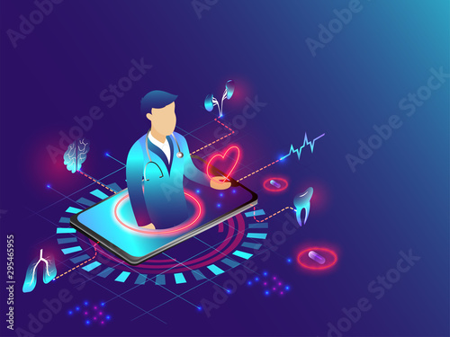Biotechnology concept based isometric design, health care app on smartphone screen with medical equipments on shiny blue background.