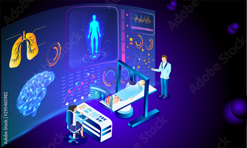 Futuristic medical technology based isometric design, whole body scanning through machine, doctor find out the disease, Medical Biotechnology concept.