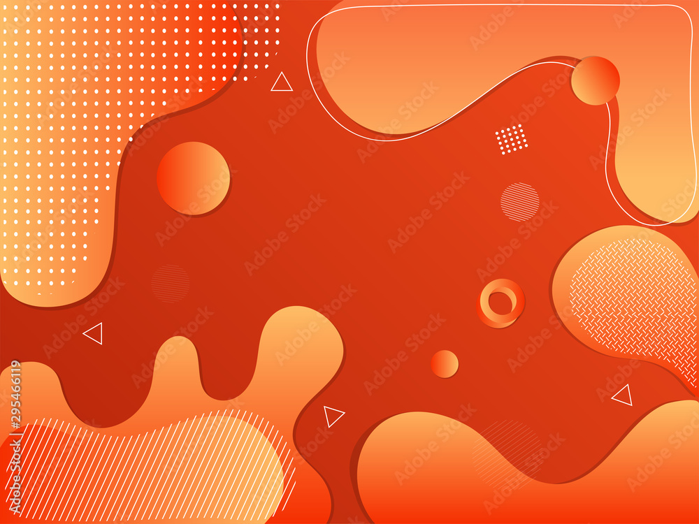 Orange color memphis background. Funky geometric shapes, color splash and dotted pattern fun art vector backdrop design.
