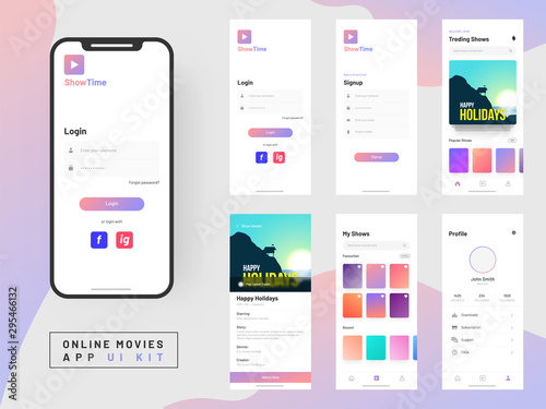 Online Movie App UI Kit for responsive mobile app or website with different GUI layout including Login, Create Account, Profile, Transaction and Notification screens.