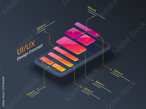 UI or UX design concept, isometric illustration of smartphone, mobile app or website wireframe with multiple option.