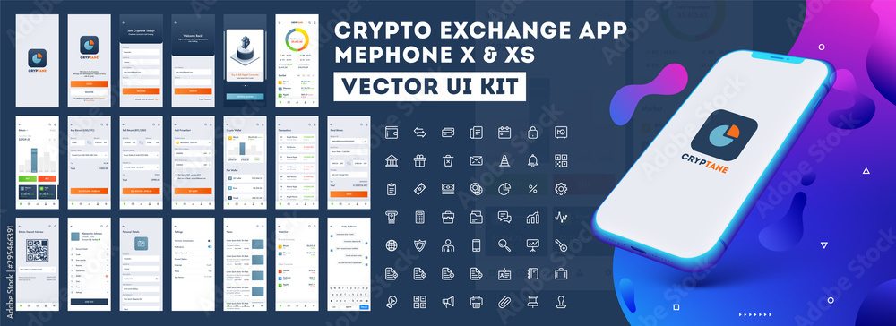 Crypto App UI Kit for responsive mobile app or website with different GUI layout including Login, Create Account, Profile, Transaction and trending screens. - obrazy, fototapety, plakaty 