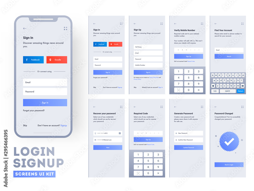 Set of mobile login screens with UI for applications including Account Sign In, Sign Up, and Lock Screen for Mobile Apps and Responsive website.