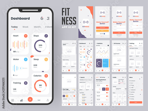 Fitness app material design with flat ui web screens including sign in  create profile  workout and statistics features for mobile apps and responsive website.
