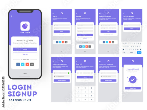 Mobile App UI or UX design with different login screens including application Create account, Sign in, Sign up, Check your email, Reset password.