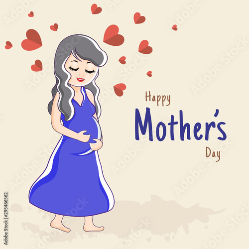 Beautiful character of pregnant lady with illustration of heart shapes for Happy Mother's Day greeting card design.