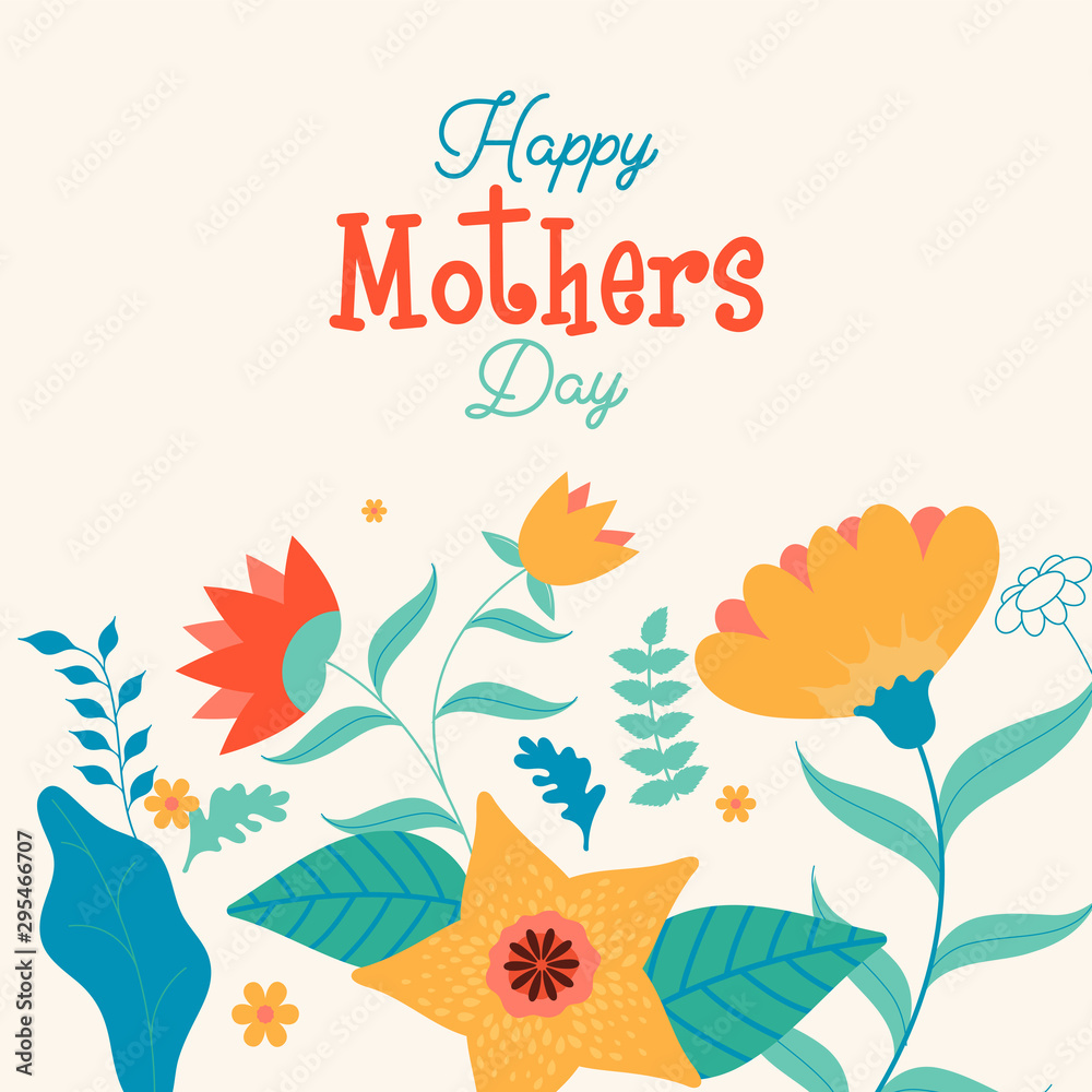 Flat style greeting card design decorated with flowers for Happy Mother's Day celebration.