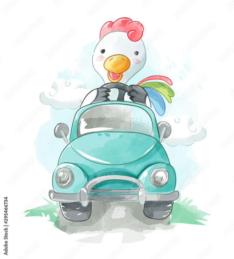 cartoon chiken driving a car illustration <span>plik: #295466734 | autor: mykrit</span>