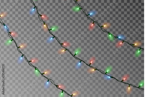Christmas lights string vector. Transparent effect decoration isolated on background. Realistic Christmas color garland vector. Winter xmas glowing lights string. Vector banner illustration