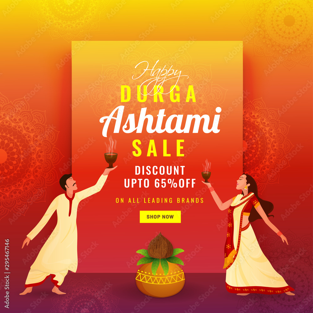 Happy Durga Ashtami sale template design with 65% discount offer and dancing couple character on shiny floral background. Happy Durga Ashtami sale template design with 65% discount offer and dancing couple character on shiny floral background.