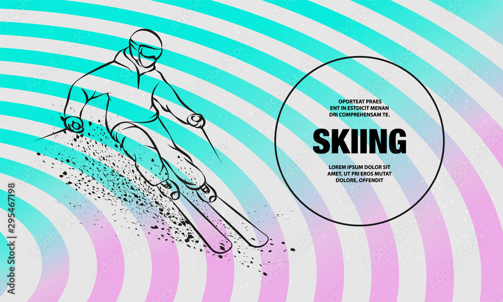 Fototapeta premium Skier on a mountain slope with snow spray. Vector outline of skiing sport illustration.