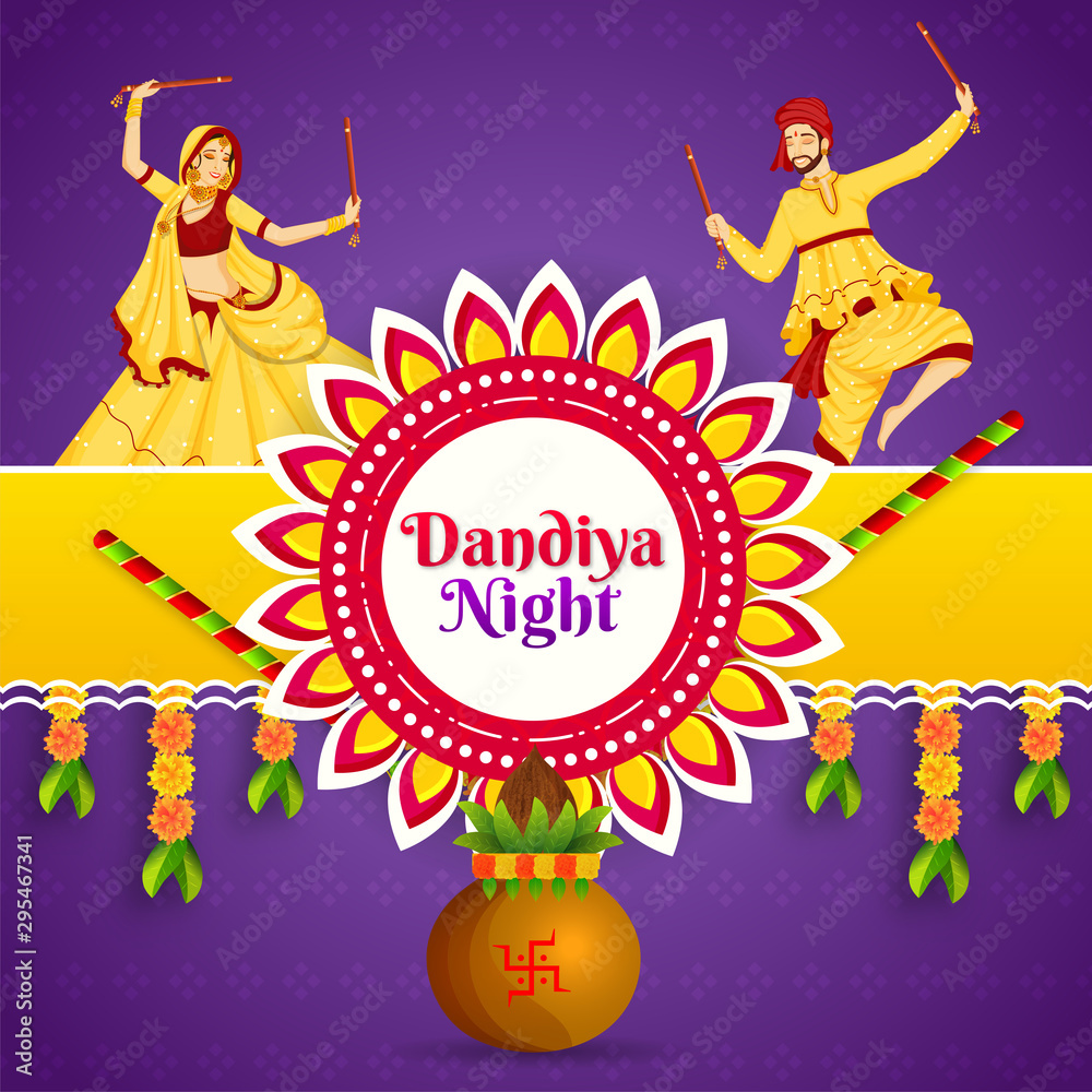 Dandiya Night party poster or template design with illustration of couple dandiya dance and worship kalash on purple background. Dandiya Night party poster or template design with illustration of couple dandiya dance and worship kalash on purple background.